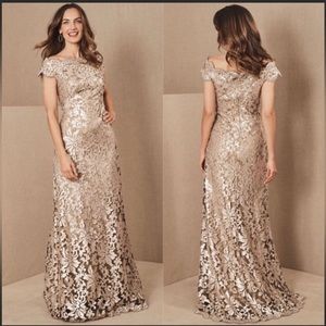 BHLDN Tadashi Shoji Odette Embroidered Gold Sequin Lace Formal Dress Siz…
